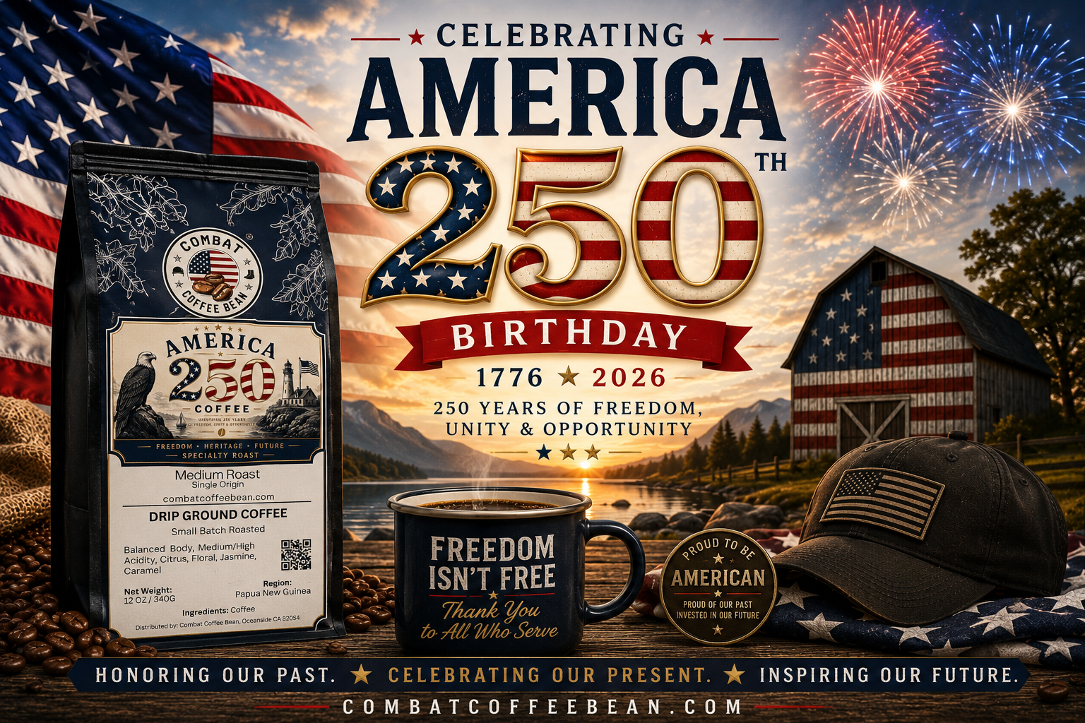 Combat Coffee Bean America 250 limited-edition coffee bag celebrating America's 250th birthday with fireworks and a flag-painted barn