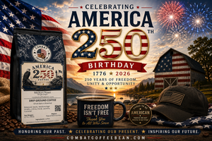 Combat Coffee Bean America 250 limited-edition coffee bag celebrating America's 250th birthday with fireworks and a flag-painted barn