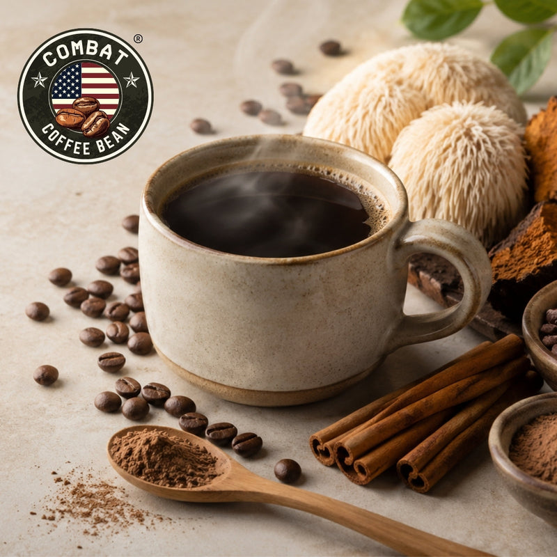 Combat Coffee Bean functional coffee with Lion's Mane mushroom, cinnamon, and cacao