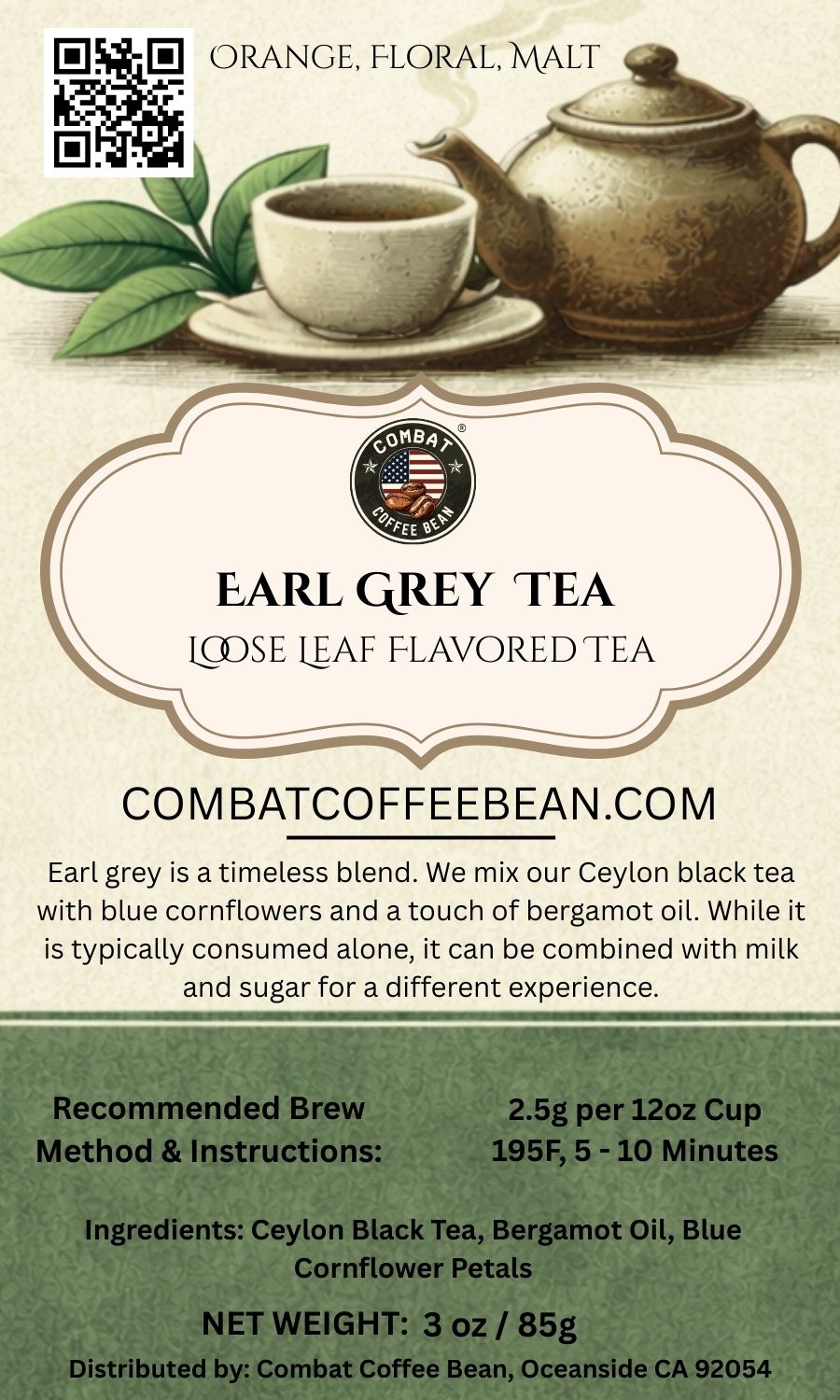 Earl Grey Tea (Orange, Floral, Malt, High Astringency, High Body, Medium Sweetness)
