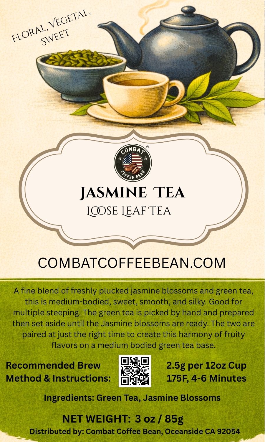 Jasmine Tea (Floral, Vegetal, Sweet, High Astringency, High Body, Medium Sweetness)