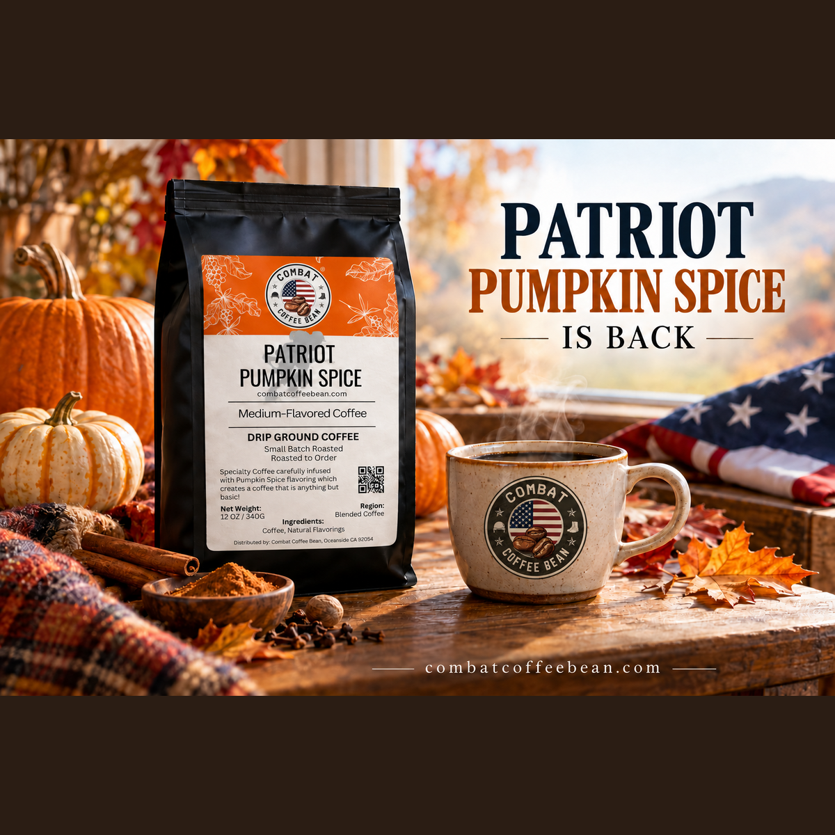 Patriot Pumpkin Spice coffee bag and Combat Coffee Bean mug on a fall table
