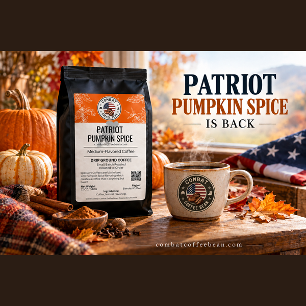 Patriot Pumpkin Spice coffee bag and Combat Coffee Bean mug on a fall table
